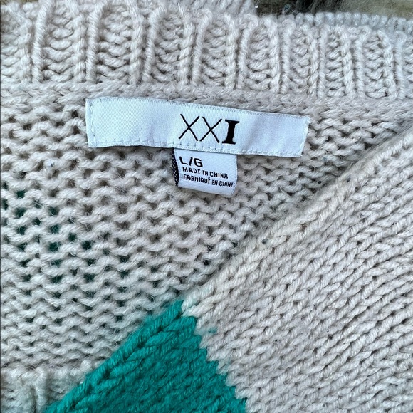 Striped Soft Cable Knit Teal Green Cream Pull Over Crew Neck Sweater Lg - Picture 7 of 7